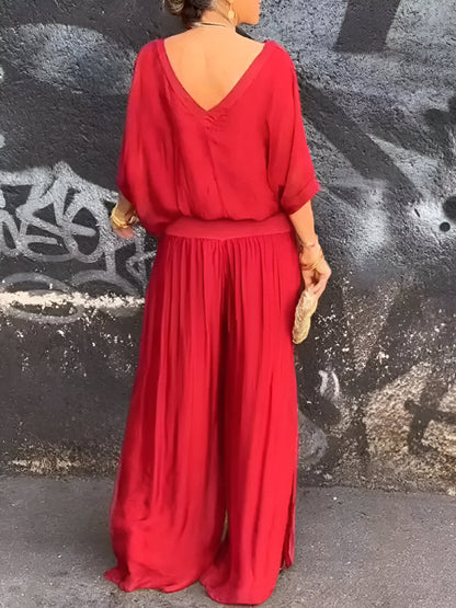 Livie™ | Elegante V-Hals Broek Set met Vleermuis Mouwen