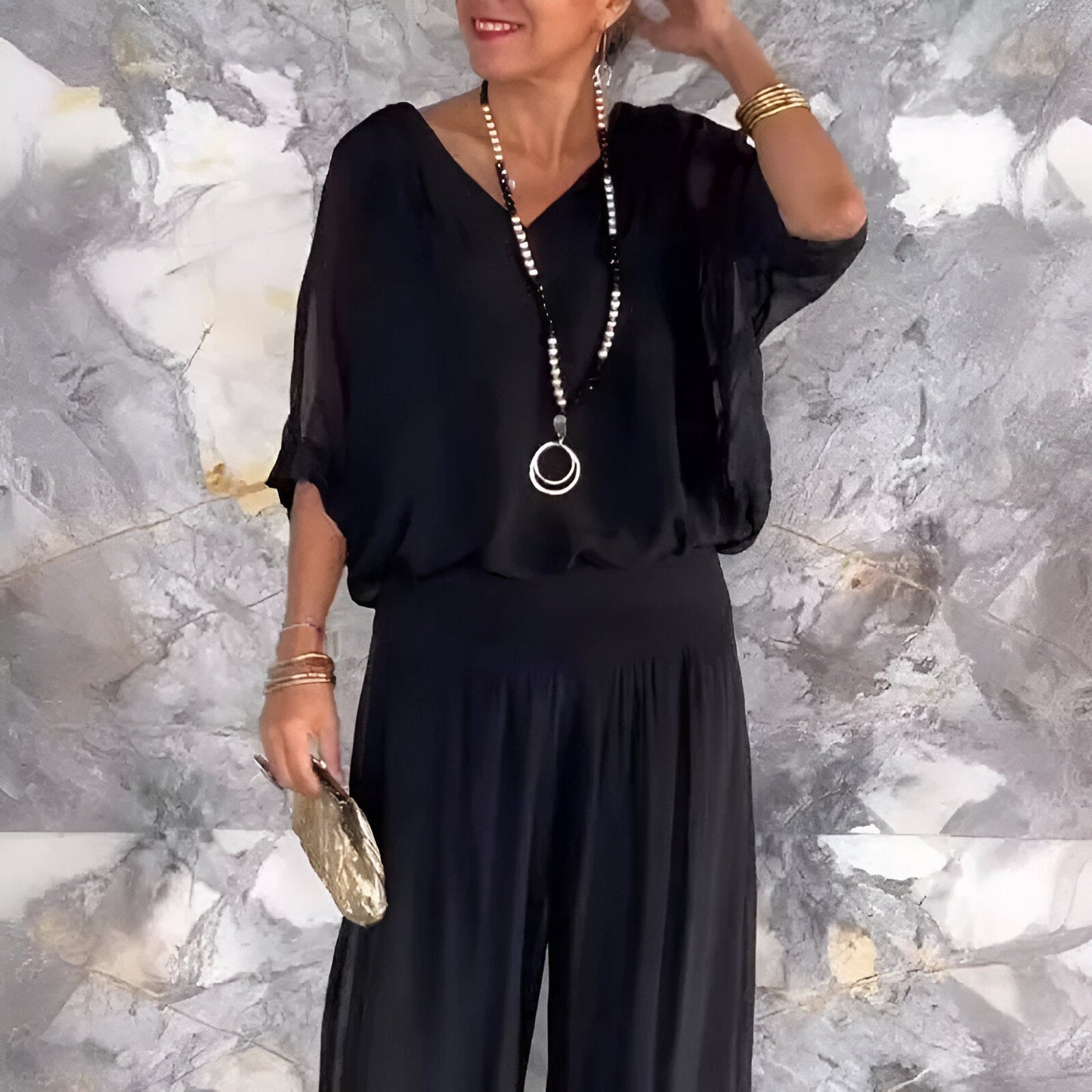 Livie™ | Elegante V-Hals Broek Set met Vleermuis Mouwen