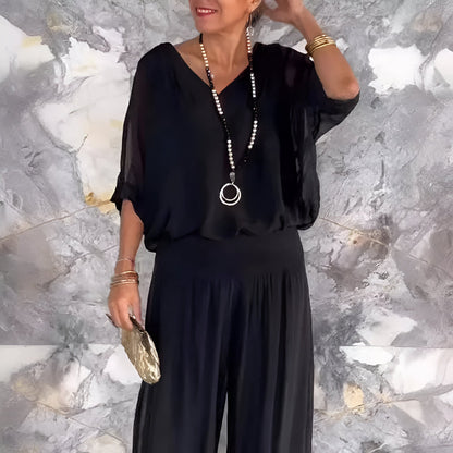 Livie™ | Elegante V-Hals Broek Set met Vleermuis Mouwen
