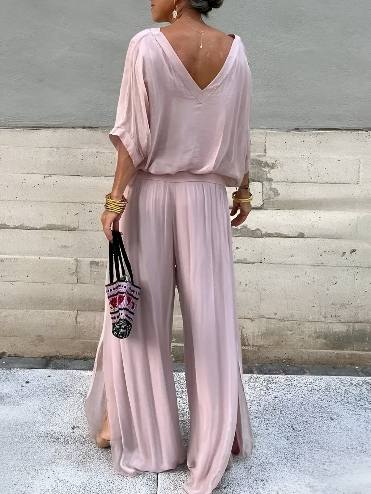 Livie™ | Elegante V-Hals Broek Set met Vleermuis Mouwen